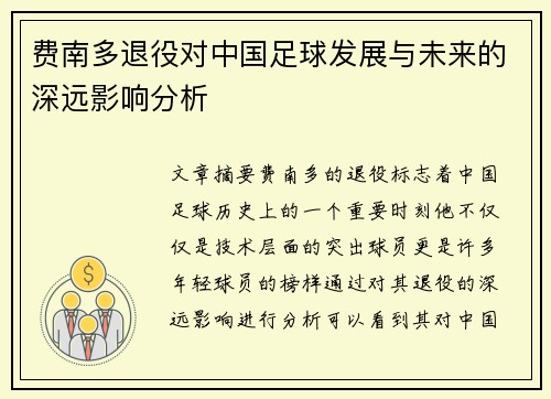 费南多退役对中国足球发展与未来的深远影响分析