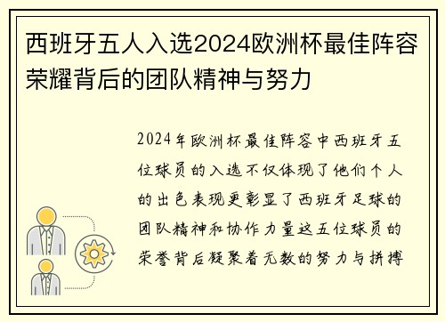 西班牙五人入选2024欧洲杯最佳阵容荣耀背后的团队精神与努力