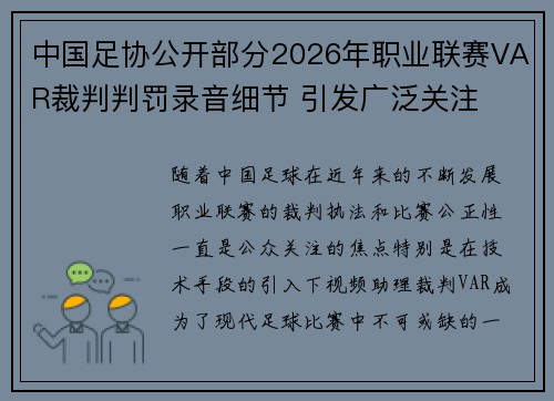 中国足协公开部分2026年职业联赛VAR裁判判罚录音细节 引发广泛关注