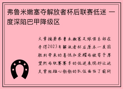 弗鲁米嫩塞夺解放者杯后联赛低迷 一度深陷巴甲降级区